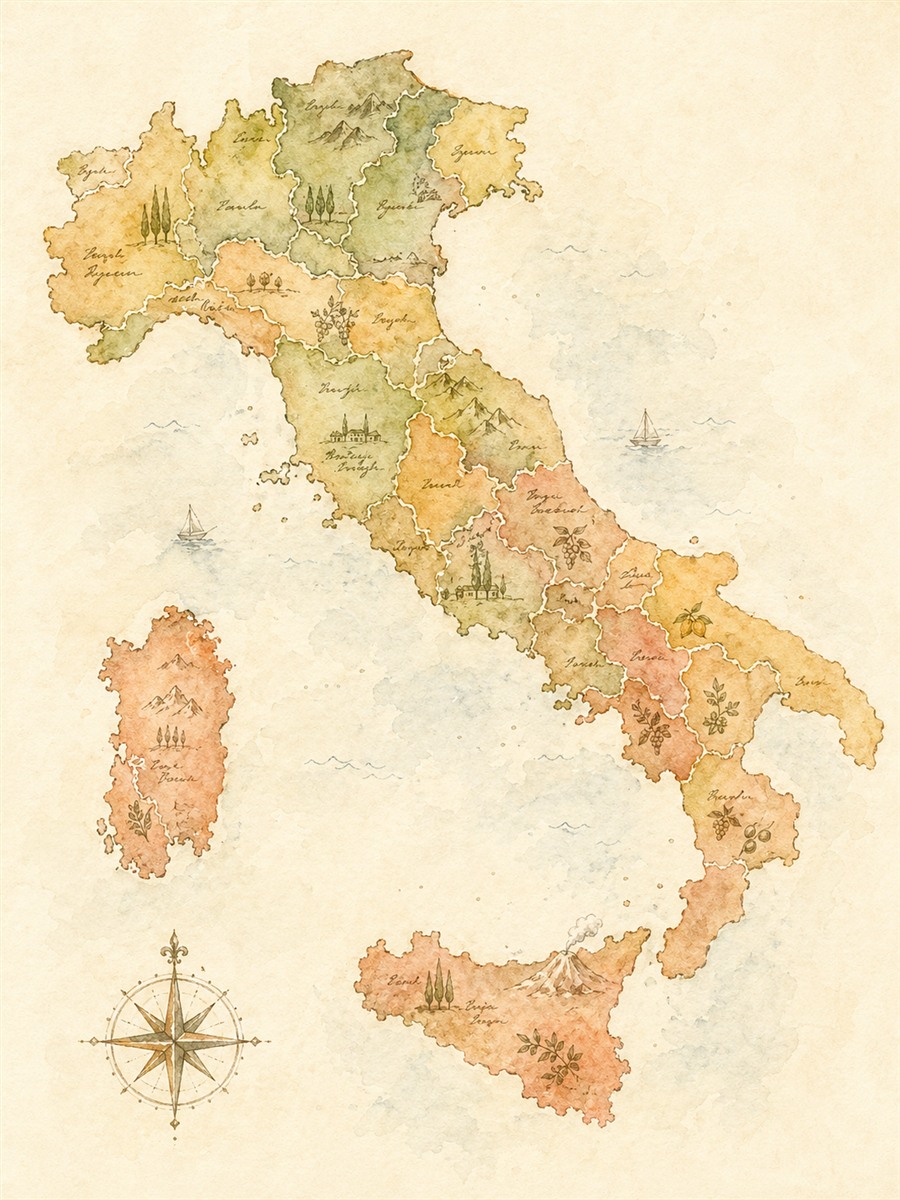イタリア20州をイメージした水彩地図