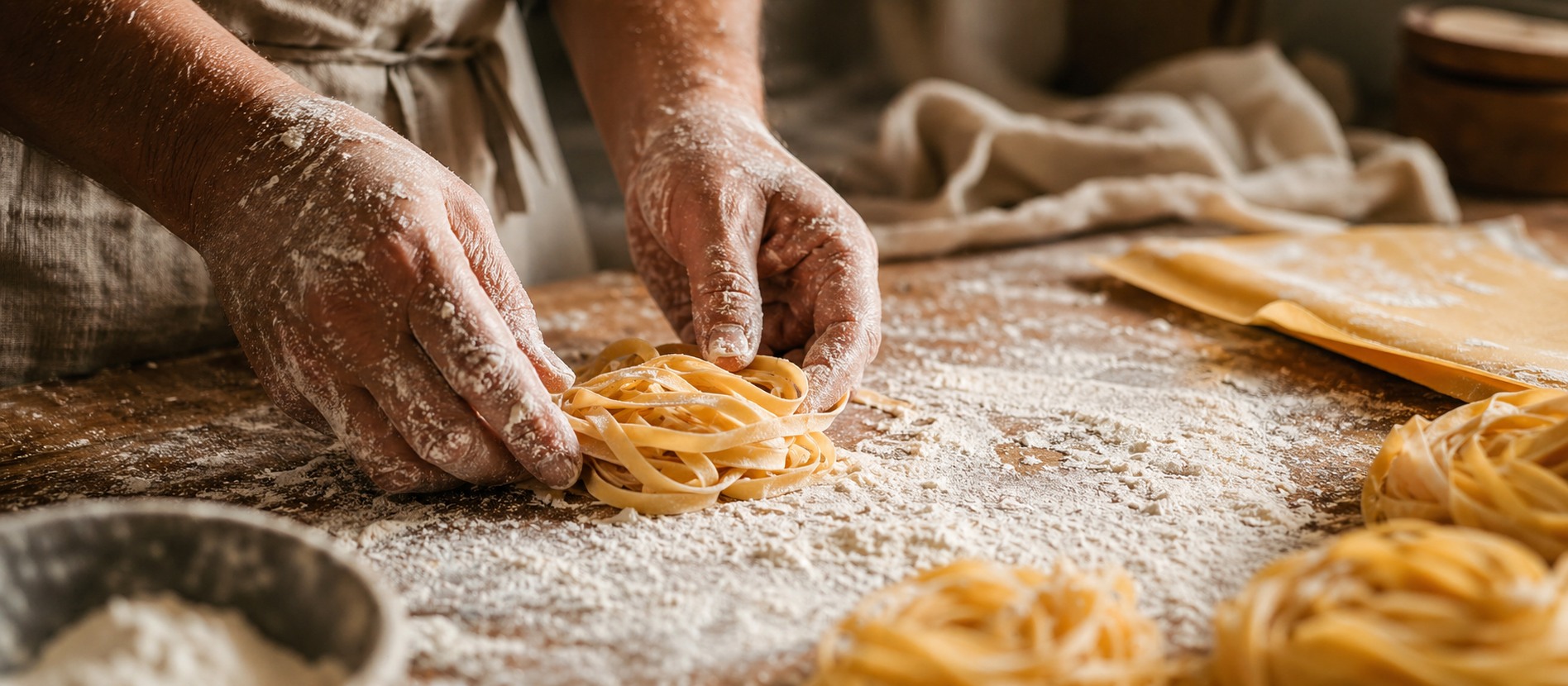 職人が手打ちパスタを作る様子