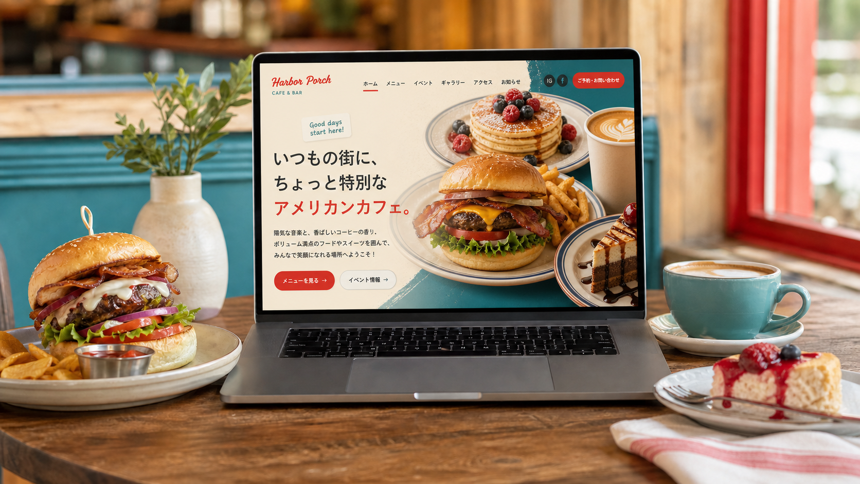 カフェテーブルのノートパソコンに表示されたHarbor Porch Cafe & Barのサイト
