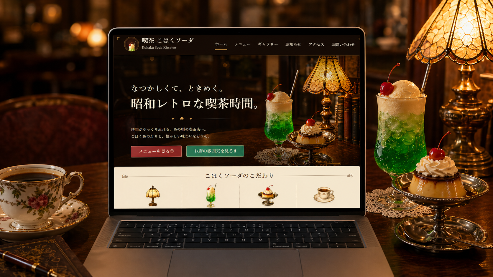 レトロな喫茶店のテーブルに置かれたノートパソコンに表示された喫茶 こはくソーダのサイト