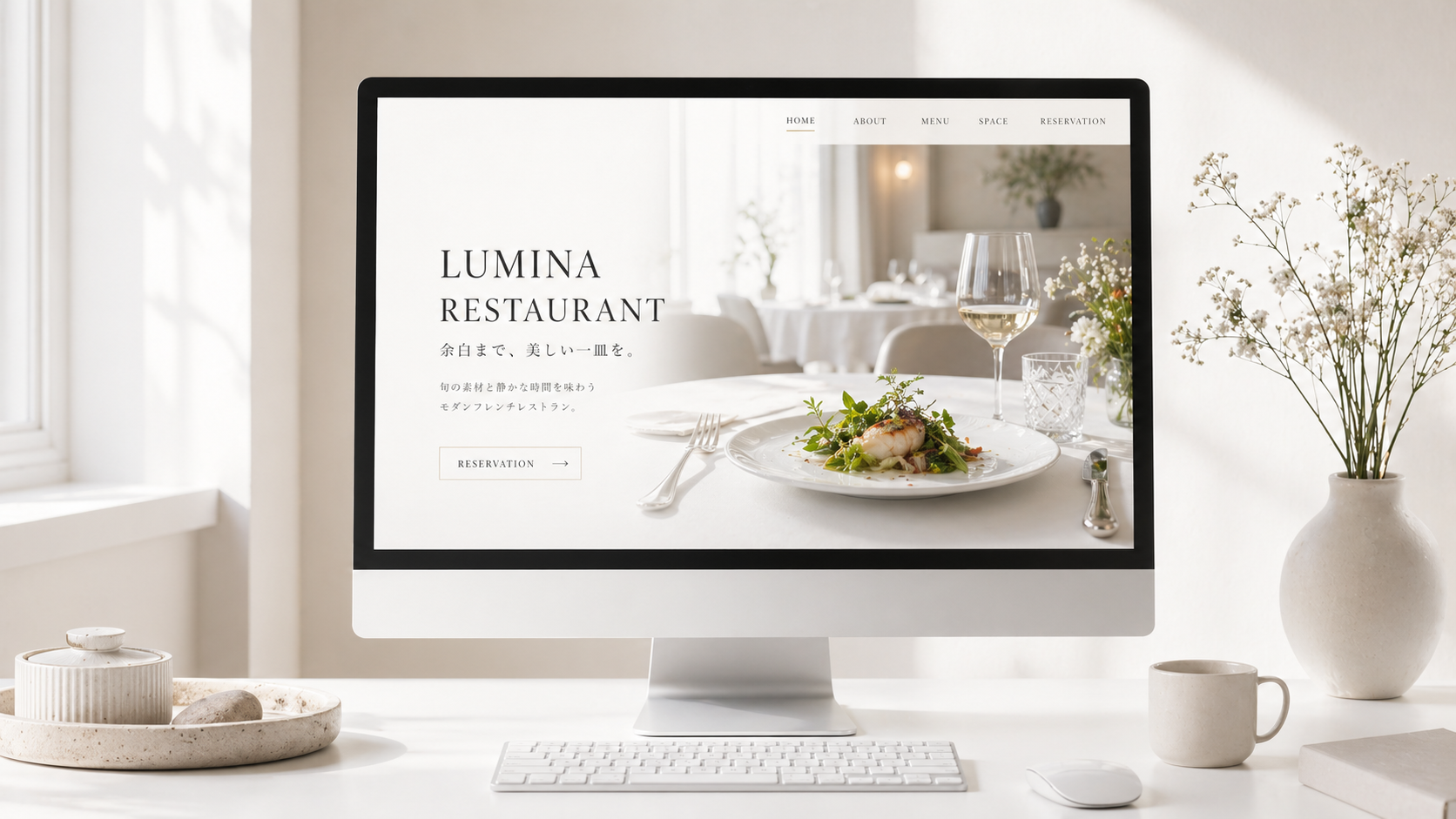 白い部屋のデスクトップパソコンに表示されたLUMINA RESTAURANTのサイト